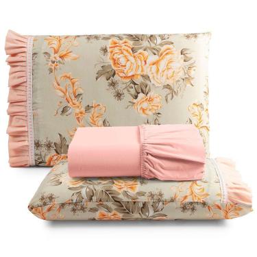 Imagem de Jogo Cama Lençol Fiore Queen Estampado 180 Fios 100% Algodão Com Babadinho 3 Peças Salmão Floral