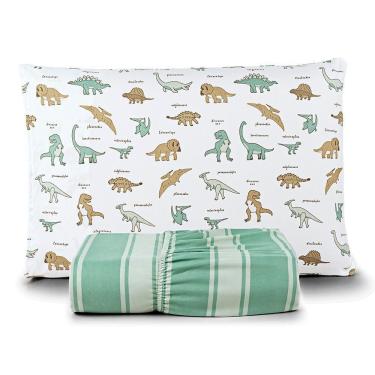 Imagem de Jogo De Cama Lençol Casa Scarpa Lutti Solteiro Infantil 200 Fios Estampado 2 Peças Dinossauro Verde