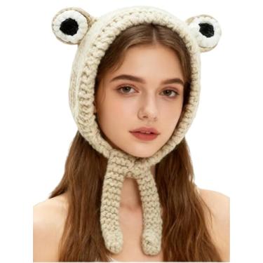 Imagem de ANKOMINA Touca de cabeça para mulheres, meninas, sapo, fofo, crochê, tricotada, para inverno, com aba de orelha, adereços para fotos, Bege, Tamanho Único