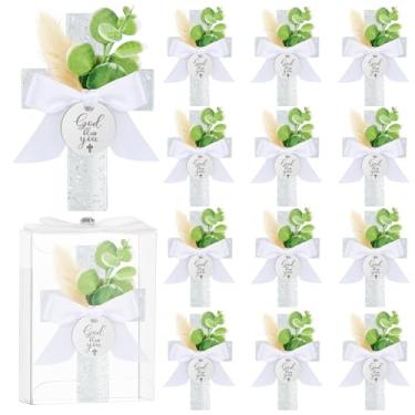 Imagem de 12 conjuntos de lembrancinhas de festa de batismo para convidados de primeira comunhão, ímã de batismo de cruz de madeira com flores para festa de chá de bebê Bless, presente de batismo, revelação de