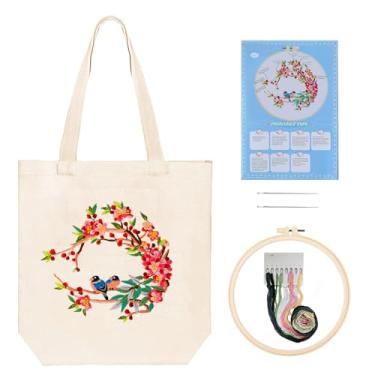Imagem de Huacan Kits de bolsa de lona bordada para adultos iniciantes estampa de flores estampadas DIY ponto cruz kit de costura de costura de flores