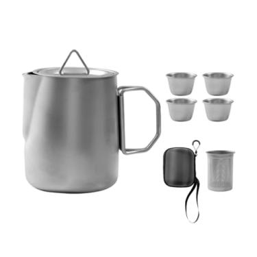 Imagem de oshhni Conjunto de chá de aço inoxidável para acampamento com 4 xícaras de chá, bule de, garrafa de água, kit de chá para acampamento,