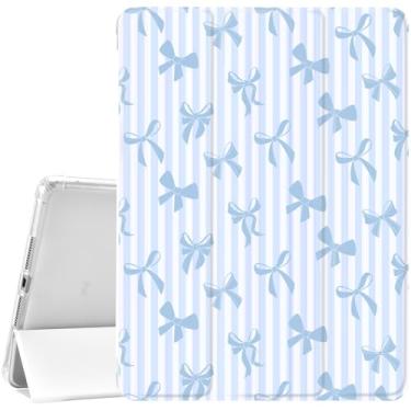 Imagem de JOYLAND Capa branca para iPad 7ª/8ª/9ª geração (2019/2020/2021), com suporte para lápis - despertar/hibernar automaticamente, listras e laço azul, antiarranhões, à prova de choque, capa com suporte
