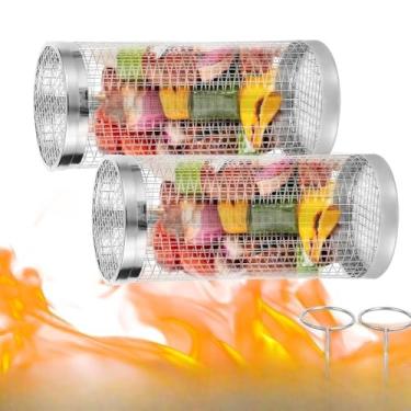 Imagem de Cestas de churrasqueira, 1 peça de malha de aço inoxidável, acessórios de churrasqueira para legumes, frutas, carne, utensílios de piquenique para acampamento ao ar livre, presentes de churrasco para