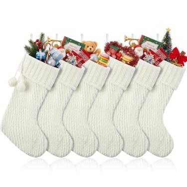 Imagem de Vinsot 6 meias de Natal grandes de 48 cm, meias de Natal tricotadas com pompom para pendurar na árvore de Natal, presentes para decoração de festa de férias em família (branca)