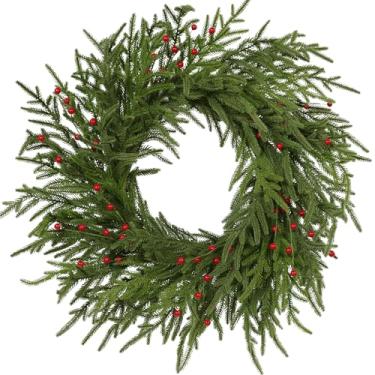 Imagem de Quixem Guirlanda de Natal com toque real de 55 cm para porta da frente, guirlanda de Natal artificial de frutas vermelhas com pinhas, decoração rústica de fazenda para casa, ambientes internos e