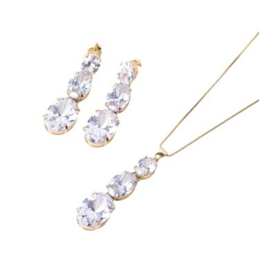 Imagem de Conjunto Semijoia Corrente Pingente e Brincos Longos para Festa em Zircônia Oval Folheada a Ouro 18k (Cristal)