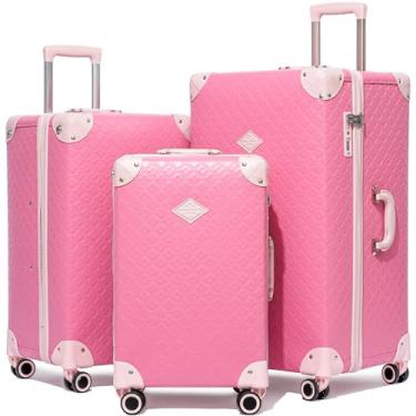 Imagem de universal trotter Conjunto de 3 malas rígidas de couro PU vintage, leves e de alta capacidade (20/24/28 polegadas para bagagem de mão e despachada), estilo baú em PU resistente à água (Rosa Fúcsia)
