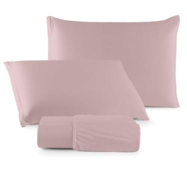 Imagem de Jogo de Lençol Malha 100% Algodão com Elástico 2 e 3 Peças Liso (Rose, King)