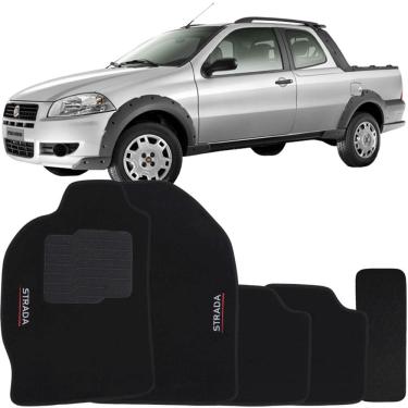 Imagem de Jogo de Tapete Automotivo Carpete Fiat Strada Cabine Dupla 2007 à 2012 Soft Logo Bordado Preto
