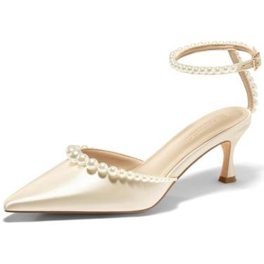 Imagem de Coutgo Sapato feminino de cetim com salto gatinho pérola fechado bico fino para casamento noiva com tira no tornozelo, Champanhe dourado, 36