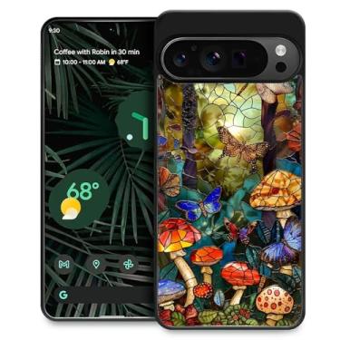 Imagem de CARLOCA Capa compatível com Google Pixel 9 Pro XL para meninas à prova de choque antiarranhões capa traseira de policarbonato rígido estética padrão cogumelos borboleta libélula vitral