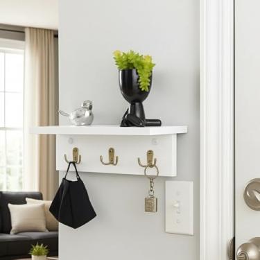 Imagem de Porta Chaves de Parede com Prateleira em MDF - Chaveiro Decorativo - Organizador de Porta de Entrada - Prateleira para Chaves, Carteira e Óculos - UpShop (Branco)