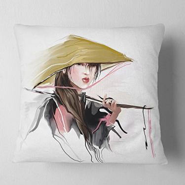 Imagem de Retrato de arte digital feminino vietnamita Designart sala de estar, sofá, almofada de alta qualidade + capa de almofada impressa em ambos os lados 66 cm x 66 cm