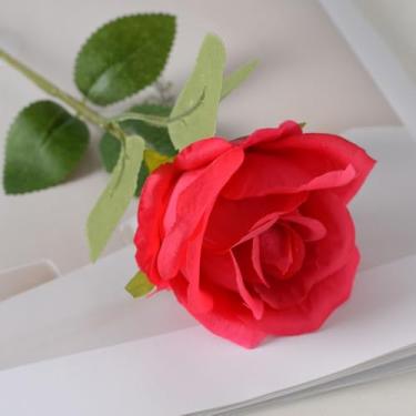 Imagem de 6 peças de flores artificiais - flor de seda com folhas rosas vermelhas arranjos florais falsos para casa de banho escritório mesa centro de mesa prateleira decoração de casamento