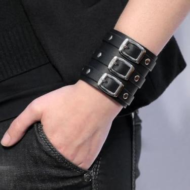 Imagem de Pulseira masculina de couro para mulheres, cruzada, preta, cravejada, boho, feita à mão, com cordão duplo, para homens, presentes de amizade, Medium, Latão, Sem Pedra Preciosa