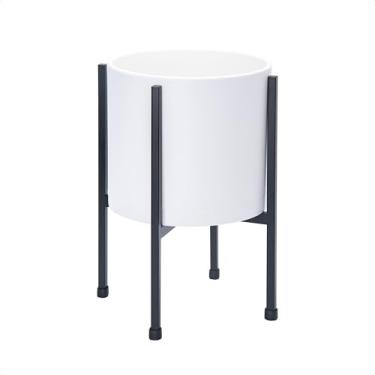Imagem de D'vine Dev Vaso branco de 20 cm com suporte – Vaso de flores de cilindro de plástico moderno com suporte de metal resistente para plantas de interior, 55-D-A-1