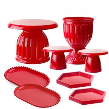 Imagem de Kit Boleira Festa E Bandeja, Kit Moderno Boleira Romana 17cm, 1 Vaso Romano, 2 Mini Slim, 2 Bandeja Perola Oval, 2 Mini Sextavadas(Vermelho)