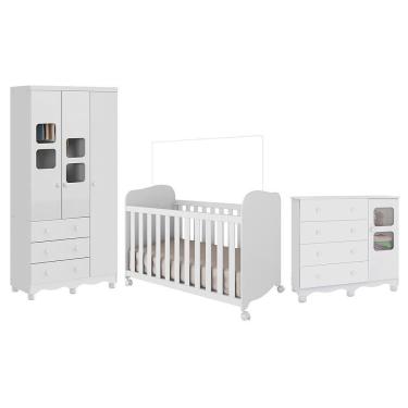 Imagem de Dormitório Infantil Uli Guarda Roupa 3 Portas, Cômoda E Berço Branco Brilho - Móveis Peroba