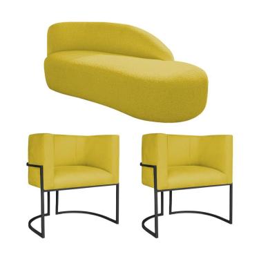 Imagem de Kit Divã Luna 140cm Lado Direito E 02 Poltronas Base De Ferro Preto Suede Amarelo