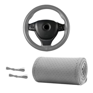Imagem de MUQIDA Capa de volante de couro genuíno, capa de volante com costura respirável de 38 cm antiderrapante, protetor de costura DIY com linha de agulha (cinza, orifício completo)