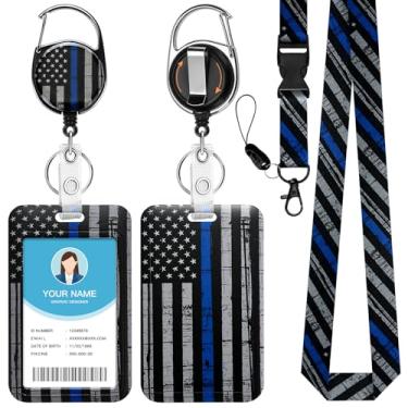 Imagem de Soleebee Porta-crachá de identificação com cordão, crachás de identificação da bandeira americana azul e preto e cordão destacável, chaveiro retrátil, carretel resistente com mosquetão giratório de