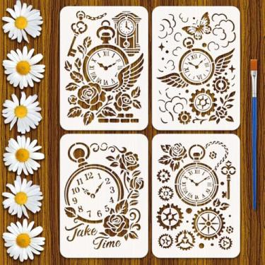 Imagem de FINGERINSPIRE 4Styles Vintage Gears Clocks Stencils com um pincel 29 x 20 cm, 4 estilos, relógios criativos, estêncil, asas, flores, palavras e teclas, modelo PET para piso de madeira e azulejo