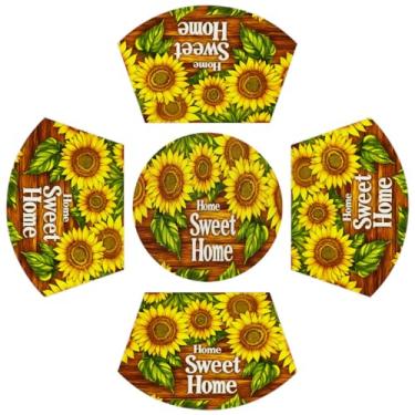 Imagem de Jogo americano de cunha conjunto de 4 jogos americanos de PVC girassol madeira amarela cunha de outono e 1 tapete redondo antiderrapante resistente ao calor tapetes de mesa laváveis para cozinha, mesa
