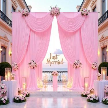 Imagem de Cortina de fundo rosa bebê de 6 m x 4,6 m sem rugas para festas - tecido de poliéster sedoso para casamento - 4 painéis de 4,5 m de comprimento, cortinas de fundo para fotos para chá de bebê, pano de