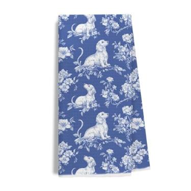 Imagem de Evcprz Chinoiserie Dachshund Toalhas de cozinha, presentes para amantes de cães Weiner, salsicha azul e branca toalha de chá para cozinha, Grandmillennial Doxie Dogs toalhas de mão para banheiro, 40,6