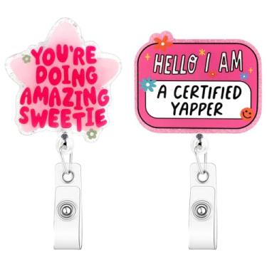 Imagem de Travone Carretel de crachá engraçado, 2 peças, molinete de crachá de enfermeira fofo com clipe de jacaré retrátil com glitter acrílico para crachás