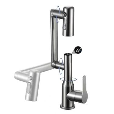 Imagem de Torneiras rotativas de banheiro, visor de temperatura LED (sem baterias) altura ajustável único alça moderna torneira de pia de banheiro rotativa 1 furo, com 3 modos de saída de água (cinza)