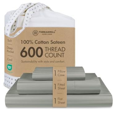 Imagem de Jogo de cama de solteiro GG Threadmill 100% algodão 600 fios, para colchões altos de 38,1 cm, em cetineta listrada adamascada com efeito refrescante, 3 peças, cinza (Moonrock Grey)