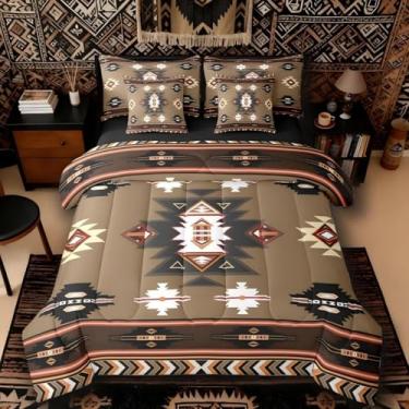 Imagem de Erosebridal Conjunto de edredom Queen Western Bed in a Bag, 7 peças, geométrico, nativo do sudoeste, exótico, estilo nórdico, asteca, decoração de quarto, triângulo de diamante, marrom