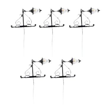 Imagem de JunZheHub Conjunto de 5 Miniaturas de Arandelas 1/87 LED com Luz Branca Quente - Arandelas para Decoração de Jardim de Fadas, Preto