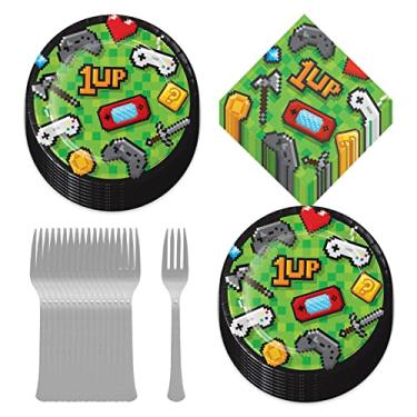 Imagem de HOME & HOOPLA Artigos de festa de videogame - Pratos de sobremesa de papel para jogos pixelados, guardanapos e garfos (serve 16) - Utensílios de mesa temáticos para festas com ícones de jogos