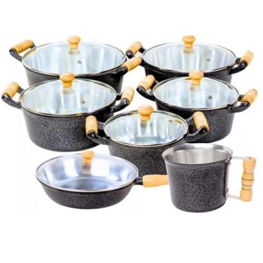 Imagem de Conjunto de Panelas em Alumínio Fundido, 7 Peças, Preto, Tampa de Vidro, Frigideira e Canecão, Alças em Madeira