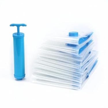 Imagem de Kit 5 Sacos a Vácuo com Bomba de Ar Manual, Plástico Resistente, Tamanhos Variados 60x80cm, 50x70cm, 80x100cm, Organizador de Roupas e Edredons