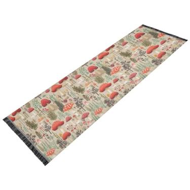 Imagem de xigua Tapete vintage de samambaia de cogumelo para corredores, 6 x 1,8 m, lavável, antiderrapante, com renda étnica, imitação de algodão e linho estilo tapete para cabeceira, cozinha, sala de estar
