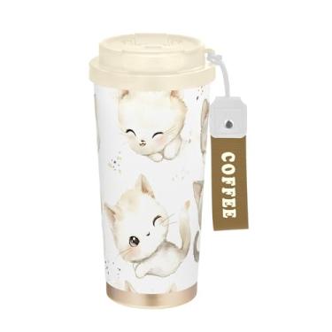 Imagem de SEHANY Caneca de viagem de gato gatinho fofo de 482 g xícaras de café reutilizáveis revestidas de cerâmica com tampa à prova de vazamento, parede dupla, isolamento a vácuo, copo de café de aço