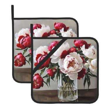 Imagem de Conjunto de tapetes quadrados resistentes ao calor com estampa de flores de peônia, 2 peças antiderrapantes com alças para pendurar, para balcão de cozinha e proteção de mesa de jantar.