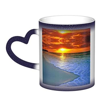 Imagem de Copo de café divertido de praia com pôr do sol, copo de cerâmica com mudança de cor sensível ao calor 12 Oz, para café/chá/leite/cacau, para adolescente/aniversário/festival/presentes