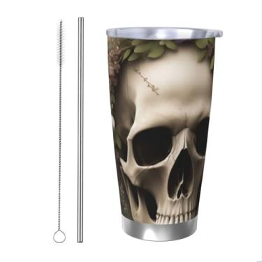 Imagem de Zeraoke Caneca com tampa de palha de aço inoxidável com estampa de flores de caveira de 590 ml, caneca de canudo de carro, mantém as bebidas frias para escritório, casa, funciona muito bem para