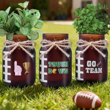 Imagem de 3 peças de mesa de centro de mesa de decoração de futebol para casa, vasos de pedreiro, toque para baixo, decoração de mesa de dia de rúgbi com adesivo para mesa de jogos de festa esportiva