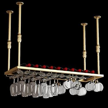 Imagem de APUM Rack de vinho vintage, suporte de vinho de teto com altura ajustável, suporte para copos de vinho de ferro montado na parede, suporte de taças douradas para bares, restaurantes, cozinhas