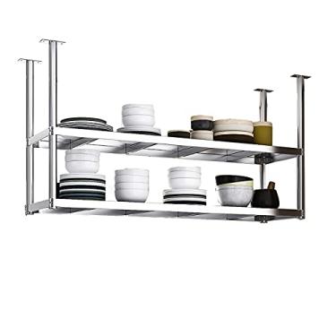 Imagem de Prateleira de teto pendurada para vinho, suporte de garrafa de teto de aço inoxidável de 2 camadas, suporte de armazenamento de vinho para embaixo do armário, cozinha, bar