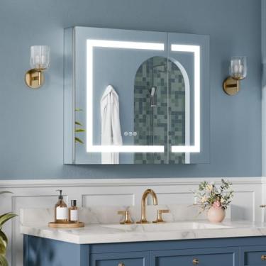 Imagem de TIFULLHOME Armário de medicamentos com espelho temperado atualizado com luzes 76 x 66 cm, plug-in ou com fio, antiembaçamento/3 cores/regulável, liga AL, 2 tomadas e USBs, listado ETL, suporte de