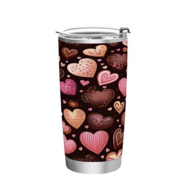 Imagem de Wassud Copo com padrão de coração de chocolate (2) copo de 340 g com tampa e canudo, aço inoxidável, parede dupla, copo isolado, caneca de café de viagem para bebidas frias e quentes