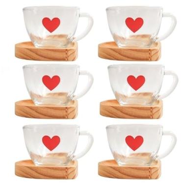 Imagem de Jogo Xícaras Café Chá com Pires Madeira Coração Rosa Presente Criativo Mesa Posta Cantinho do Café (6 Xic. CHÁ Vermelha + Pires)