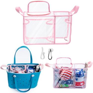 Imagem de AMOIGEE Bolsa organizadora transparente de praia com tampa de fecho de zíper e 3 acessórios compatíveis com bolsa Bogg média - divisória de bolsa com suporte para óculos de sol, ganchos de clipe